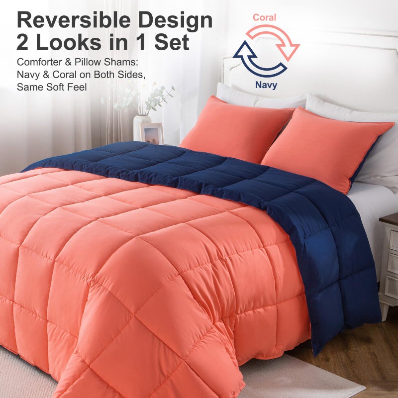 KASENTEX King Comforter Set â€“ Reversible Dual Color â€“ Goose Down Alternative â€“ Ultra-Soft, Lightweight, Machine Washable, Maintain Fluffiness, All Season Warmth (Navy/Coral) - Image 2